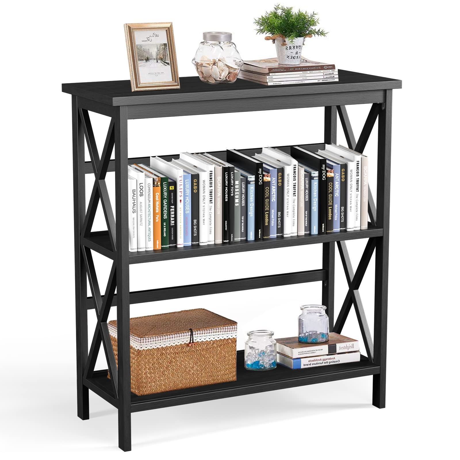 Tangkula Bibliothèque à 3 niveaux, étagère ouverte en bois, étagère en X pour salon et bureau
